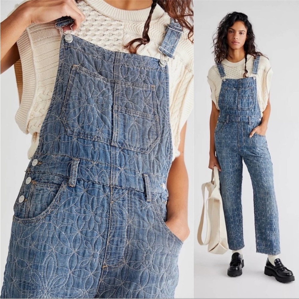 Free People Quilted Denim Floral-Stitched Overalls in Blue